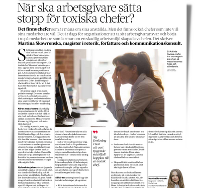 Debattartikel i Svenska Epoch Times: När ska arbetsgivare sätta stopp för toxiska chefer?