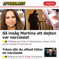 Artikel Aftonbladet,  24 mars 2021: Så insåg Martina att dejten var en narcissist
