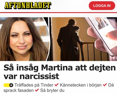 Artikel Aftonbladet,  24 mars 2021: Så insåg Martina att dejten var en narcissist